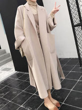 Aurohaya Elegant Long Wool Coat with Side Slit & Belt for Women Chic Fall/Winter Outerwear